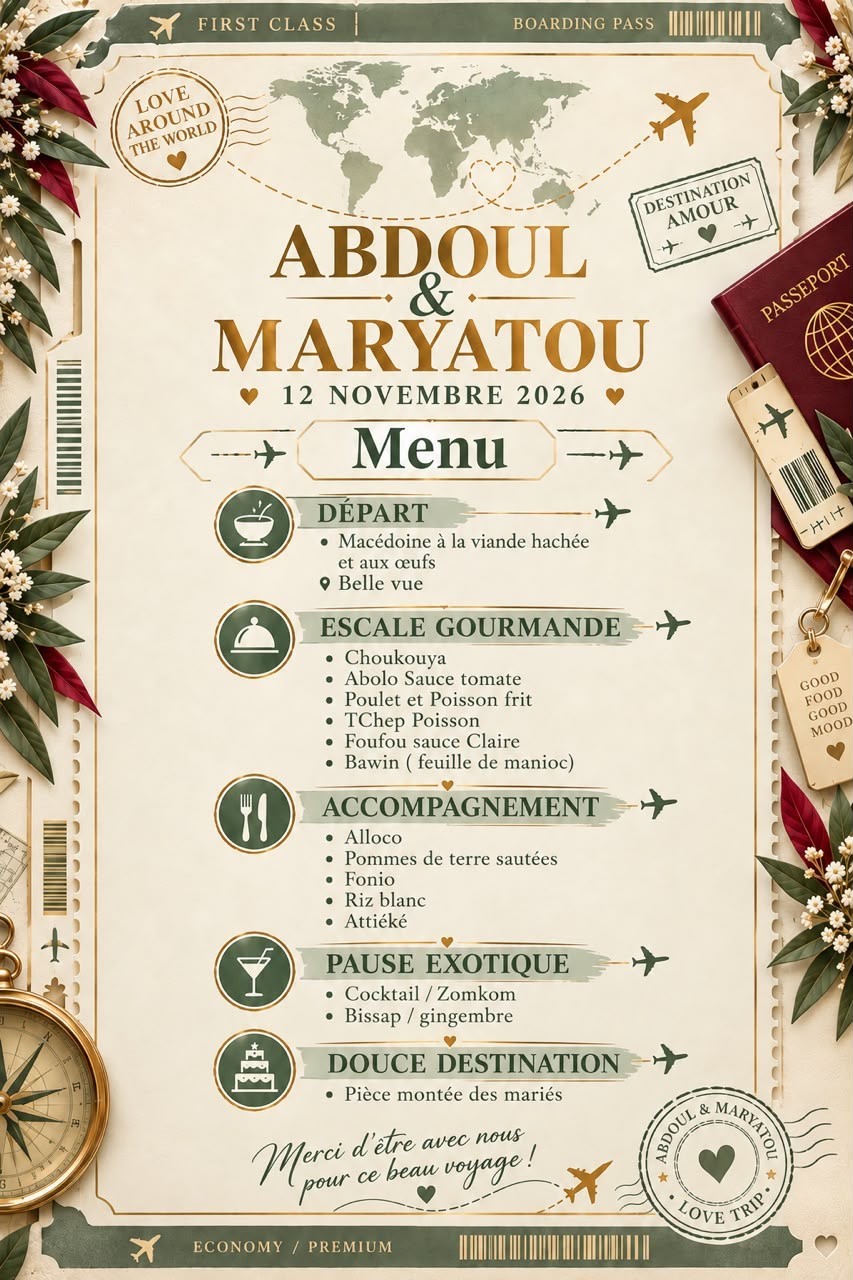 Menu du mariage d'Abdoul et Maryatou : départ, escale gourmande, accompagnements, pause exotique, douce destination